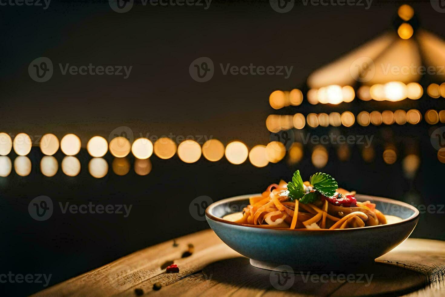 a bowl of pasta with a candle in the background. AI-Generated photo