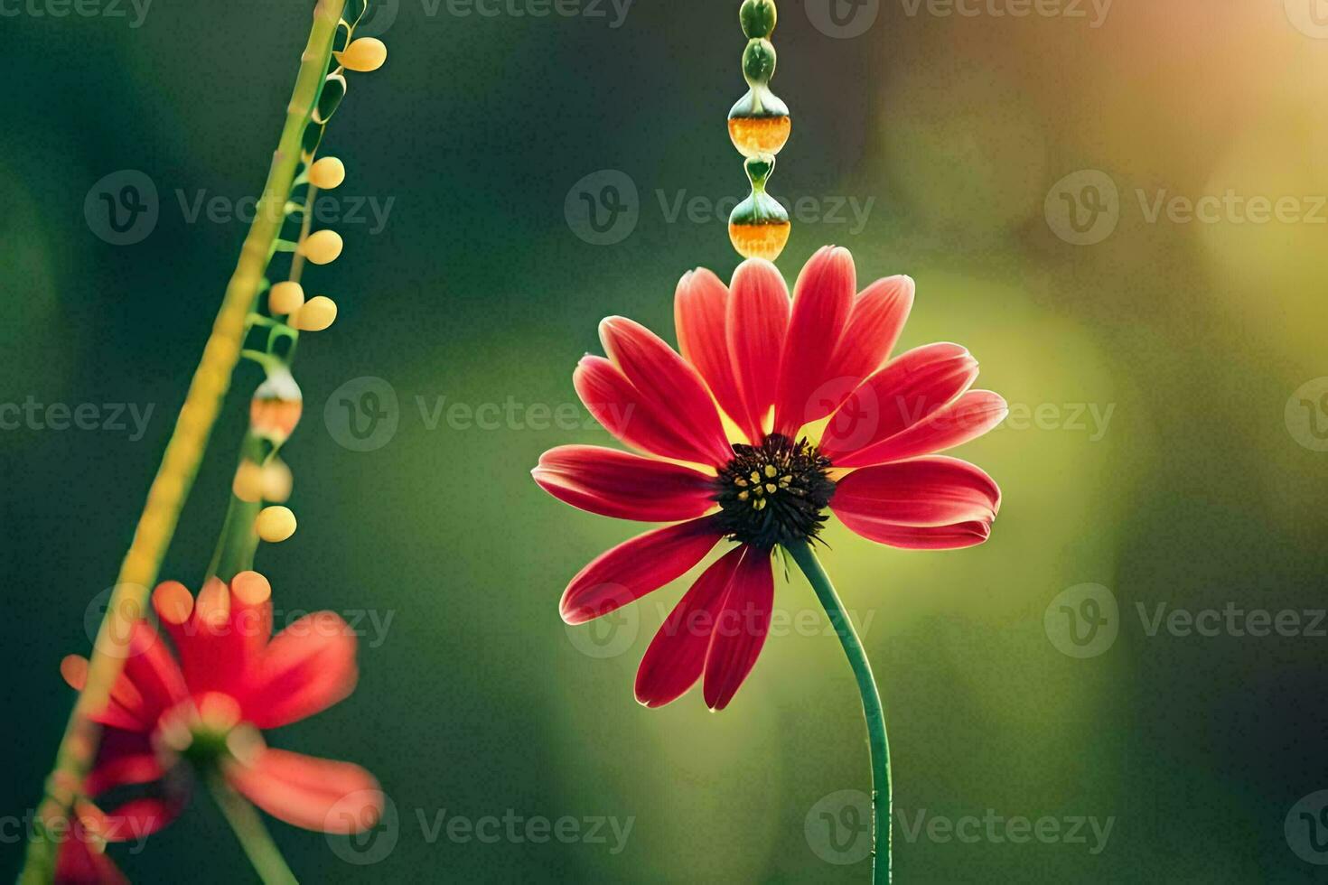 red flower with beads hanging from it. AI-Generated photo