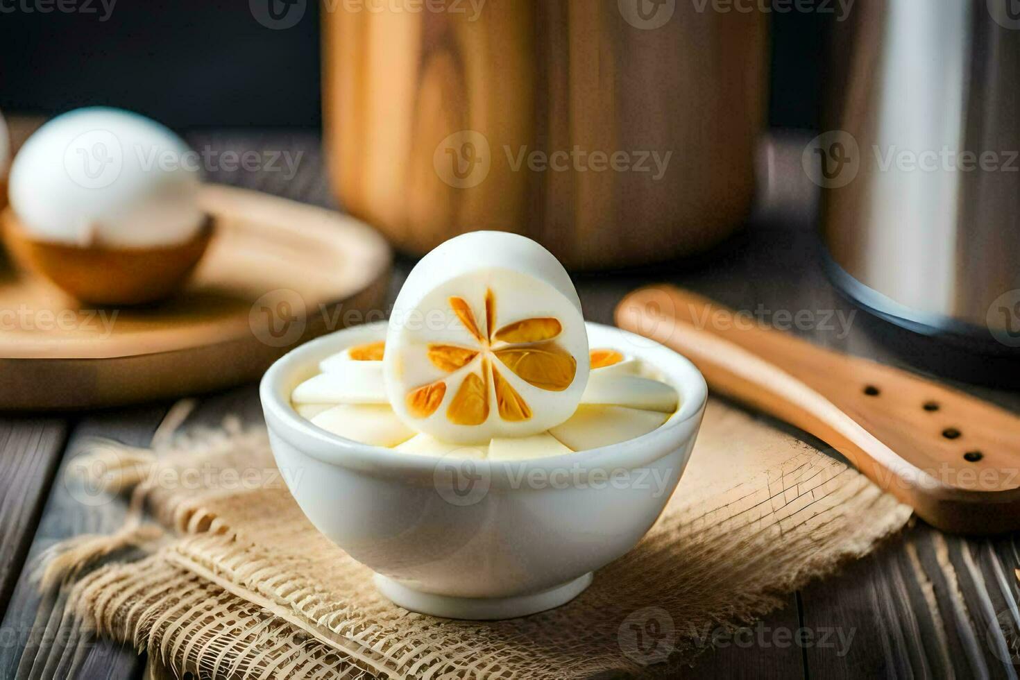 a bowl of boiled eggs with a slice of orange. AI-Generated photo