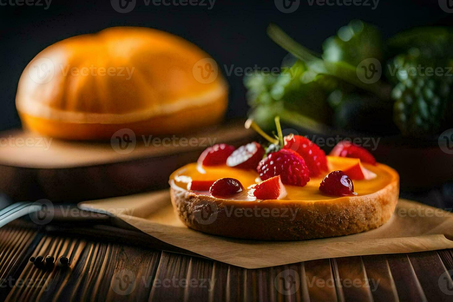 un pequeño pastel con Fruta en un de madera mesa. generado por ai foto