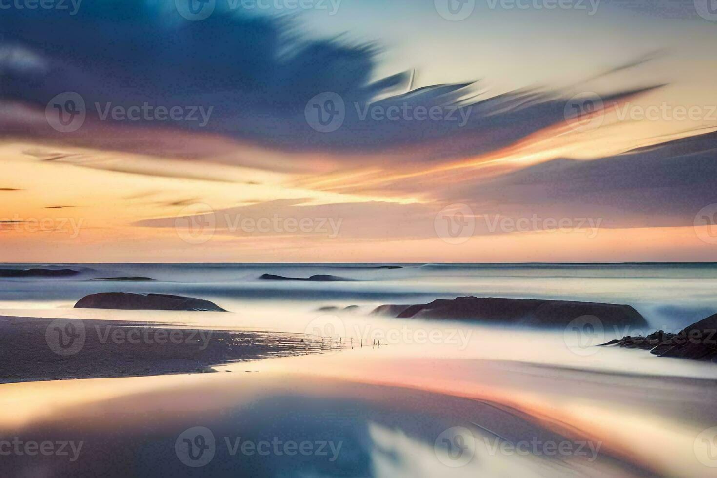 a long exposure photograph of the ocean at sunset. AI-Generated photo