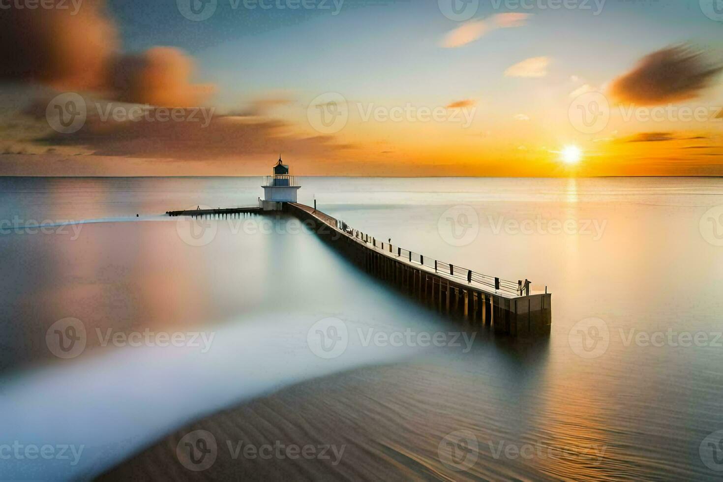 a long exposure photograph of a lighthouse at sunset. AI-Generated photo