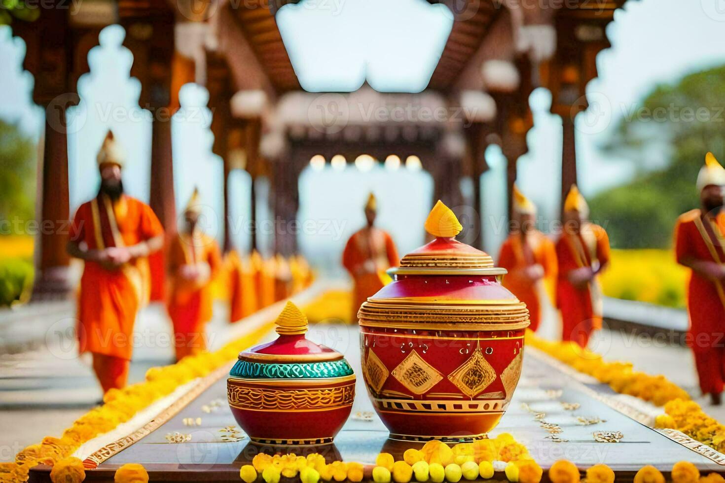 a group of people in orange robes are standing in front of a large vase. AI-Generated photo
