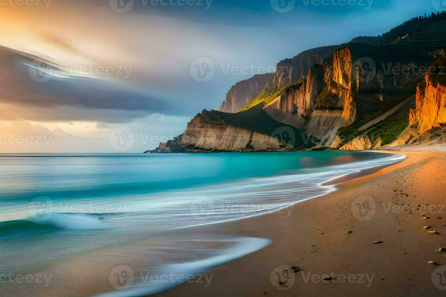 the beach and cliffs at sunset. AI-Generated photo