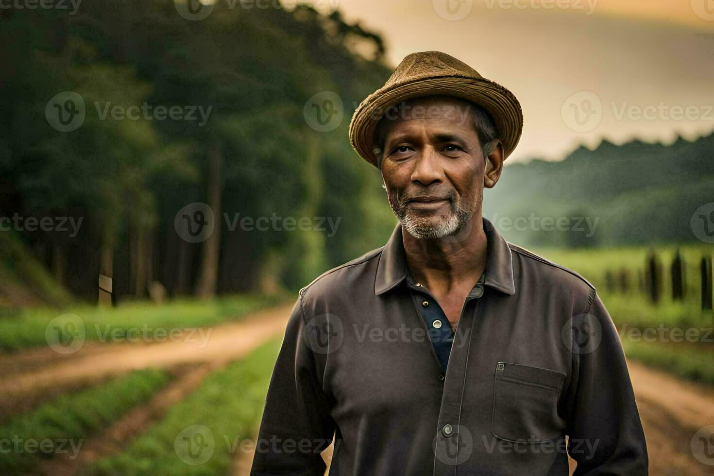 a man in a hat standing in a field. AI-Generated photo