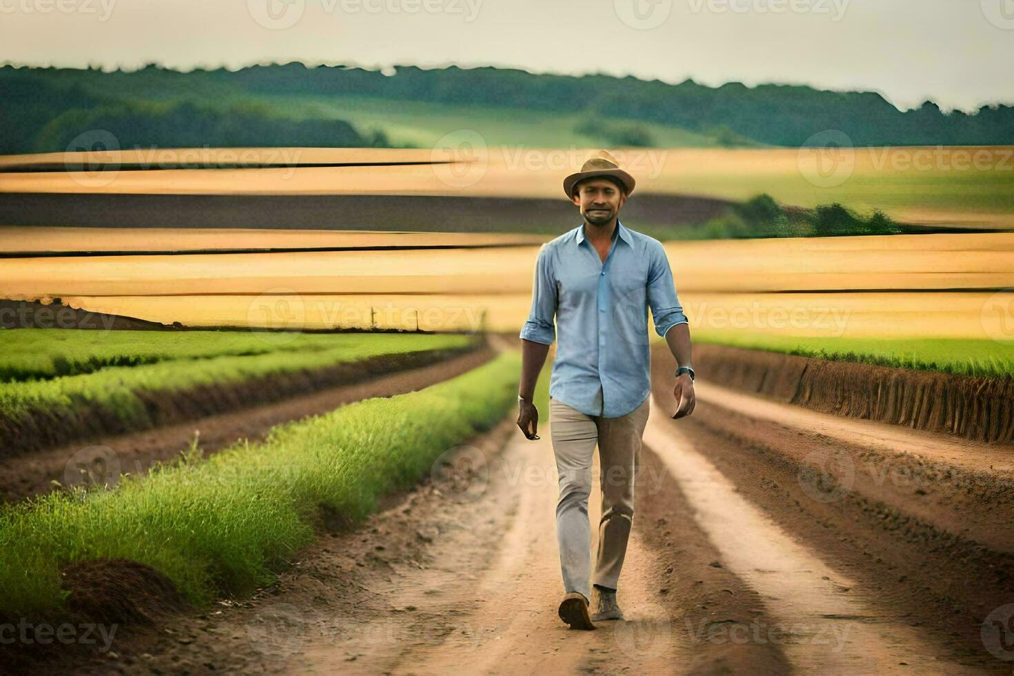 a man walking down a dirt road in a field. AI-Generated photo