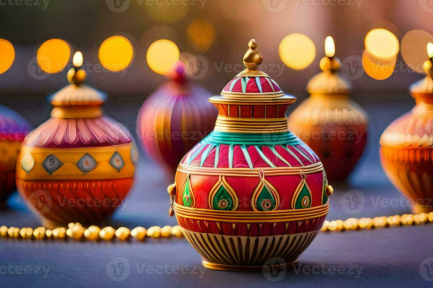 many colorful vases with candles on a table. AI-Generated photo