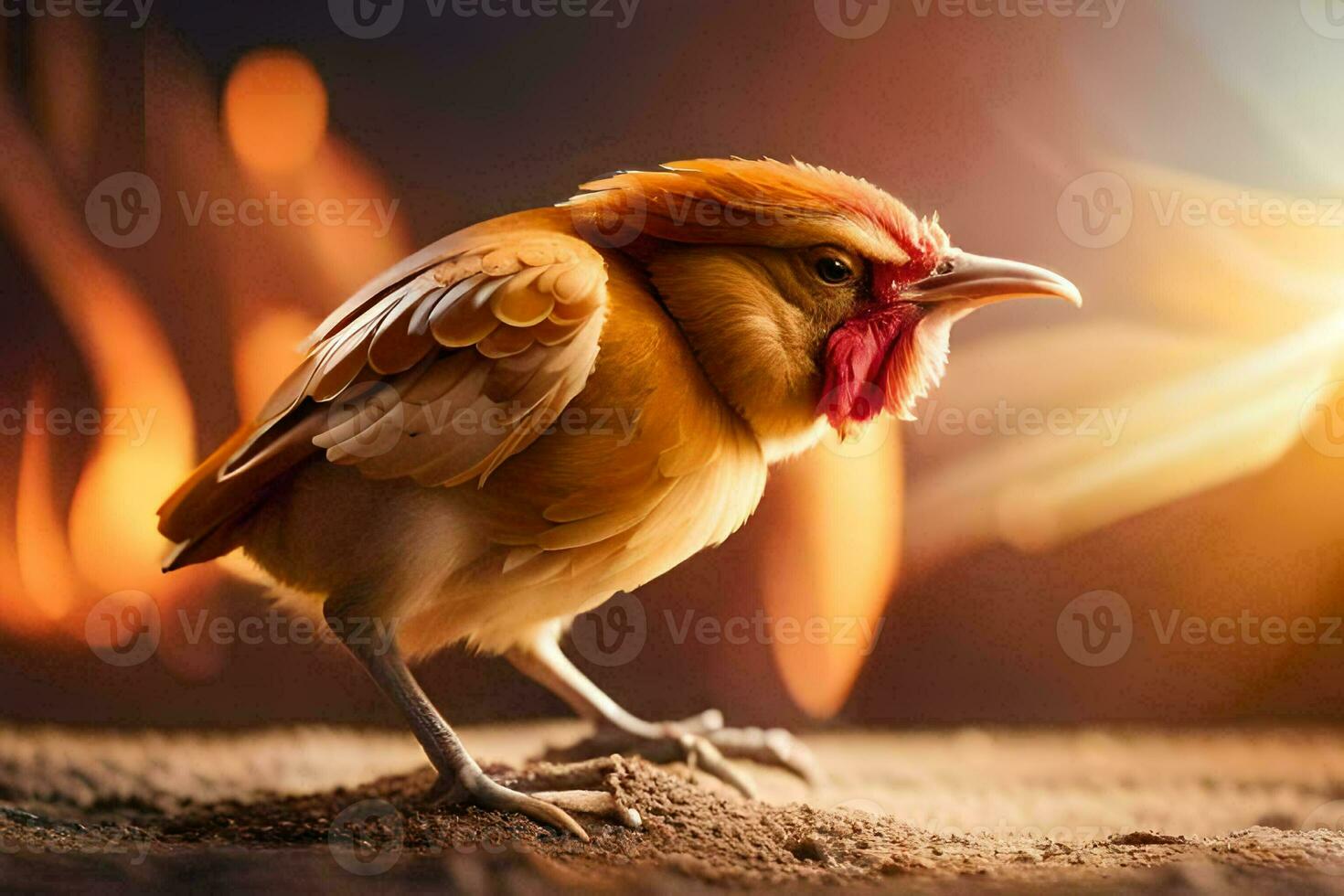 un pollo es en pie en un arena suelo. generado por ai foto