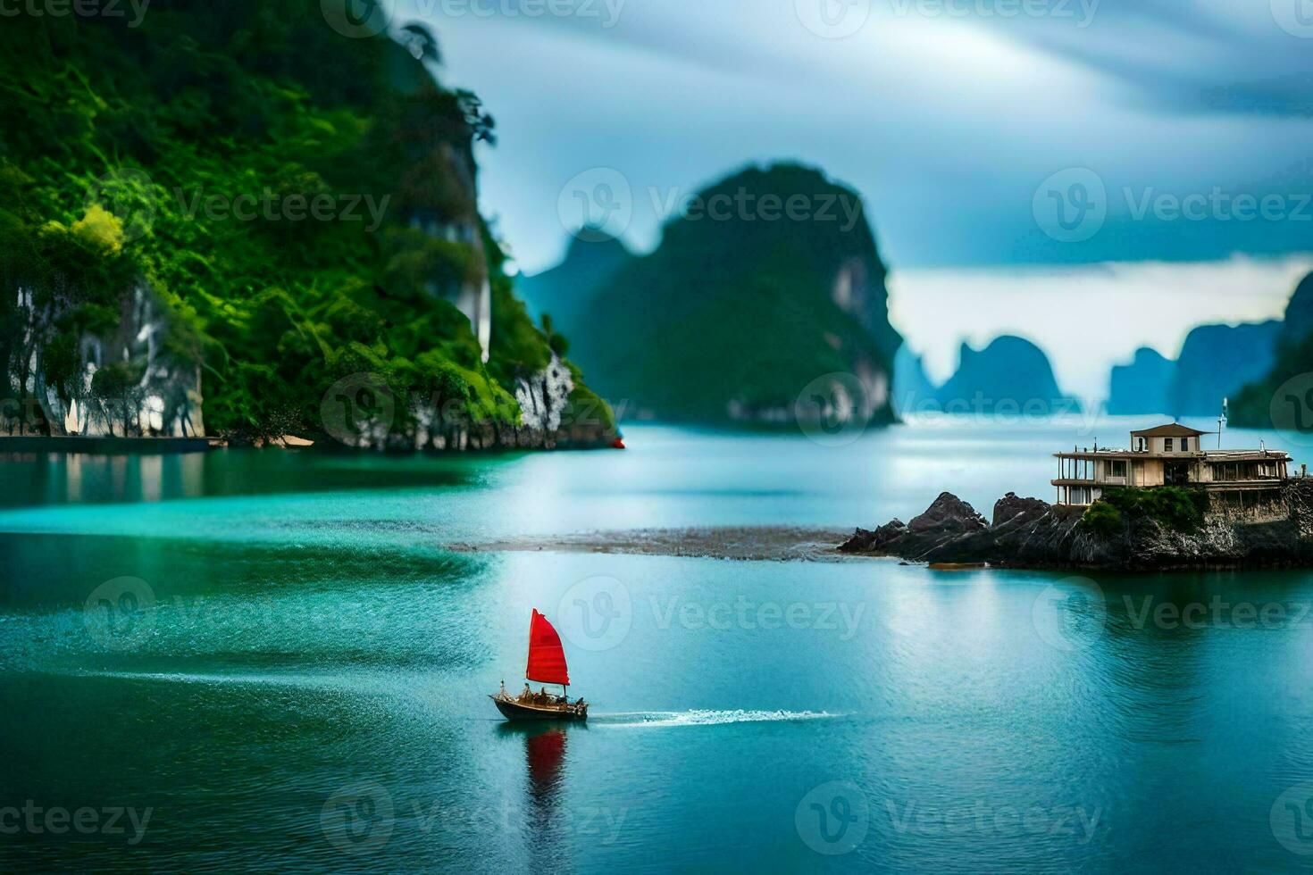 a boat in the water near mountains. AI-Generated photo