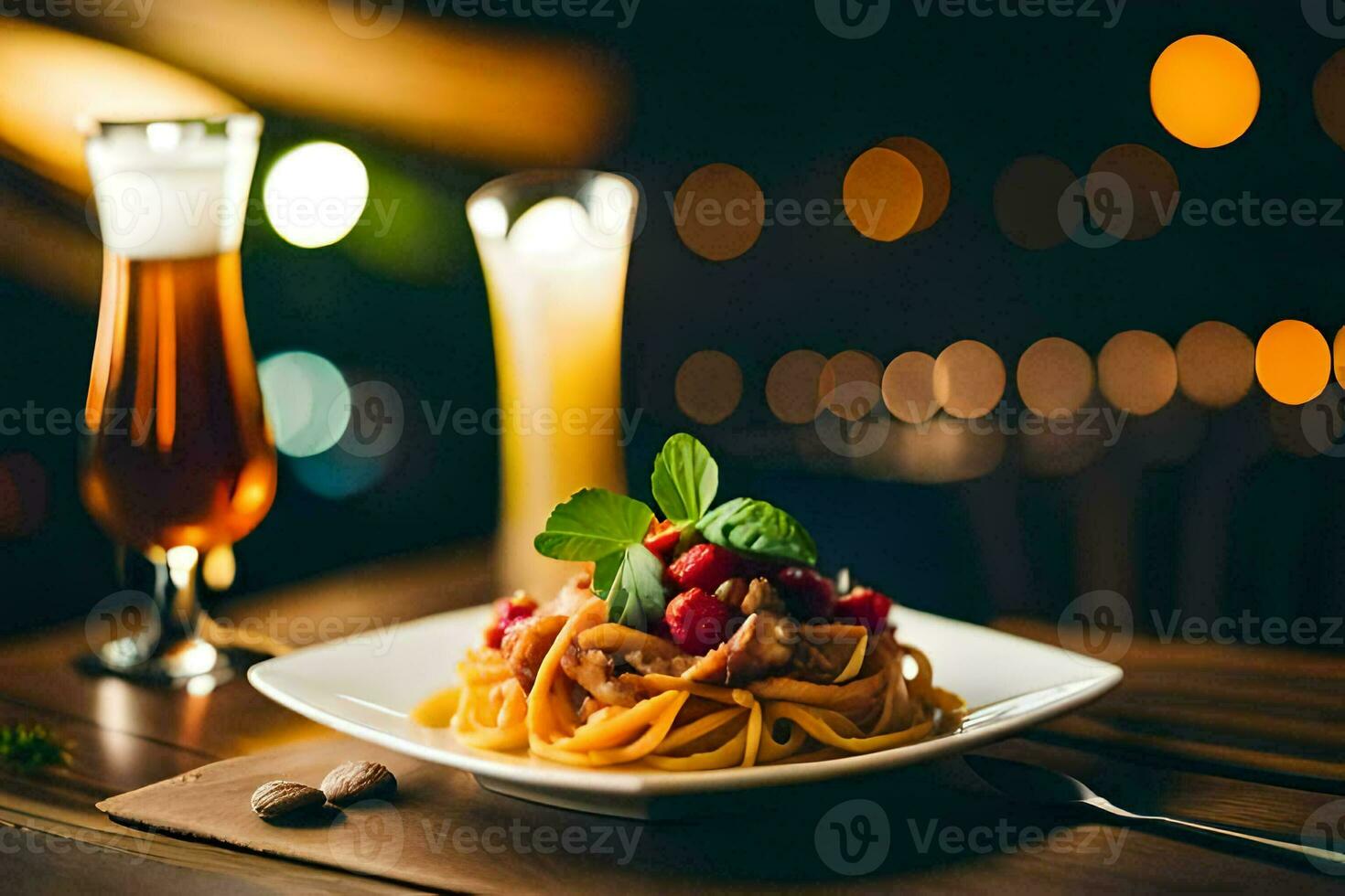 a plate of pasta with tomato sauce and a glass of beer. AI-Generated photo