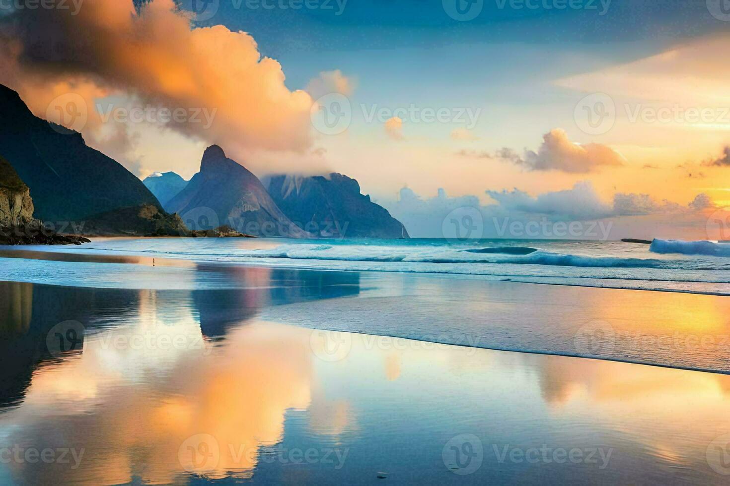 a beautiful sunset on a beach with mountains in the background. AI-Generated photo