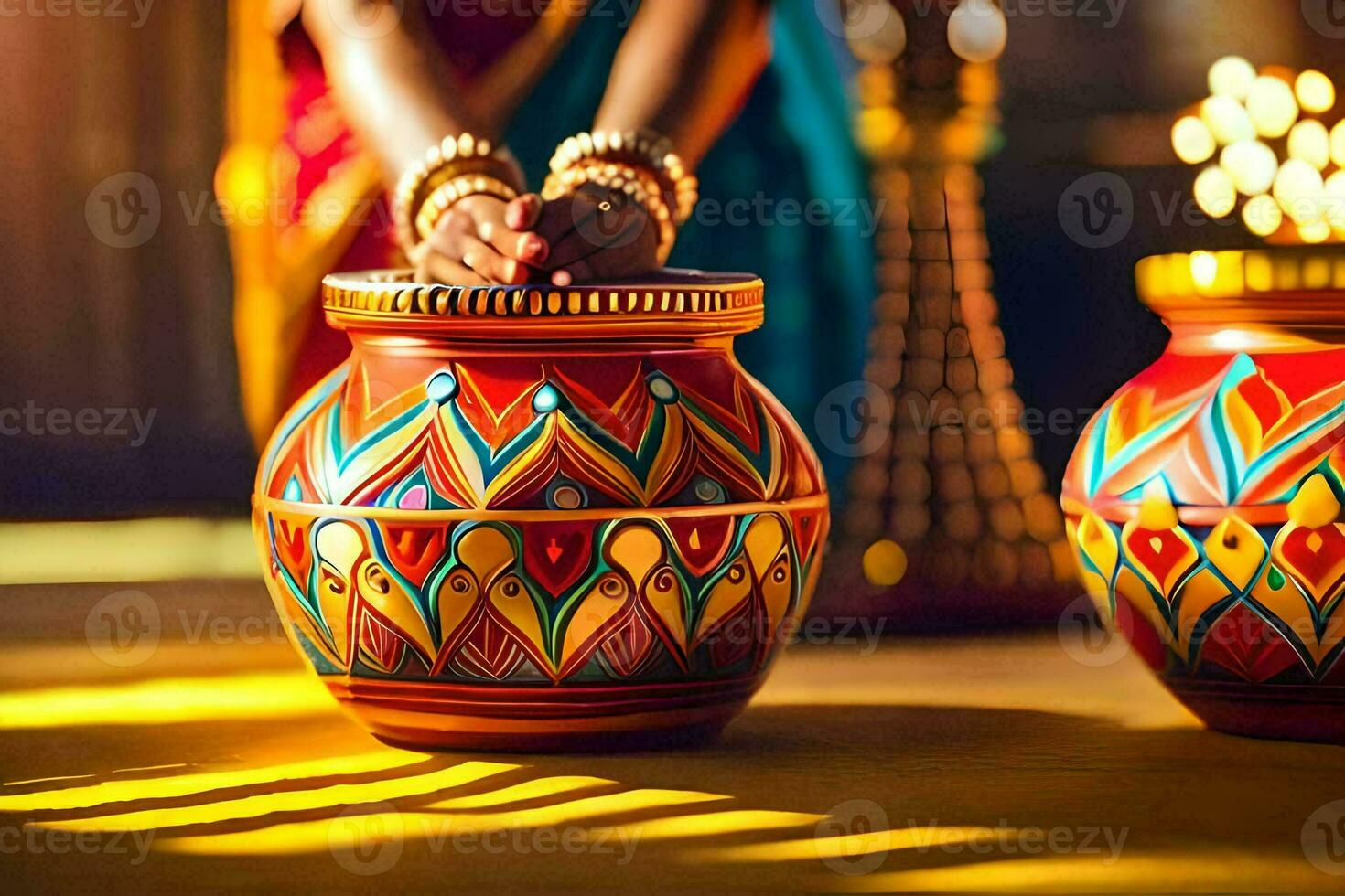 a woman is holding a pot with a candle in it. AI-Generated photo