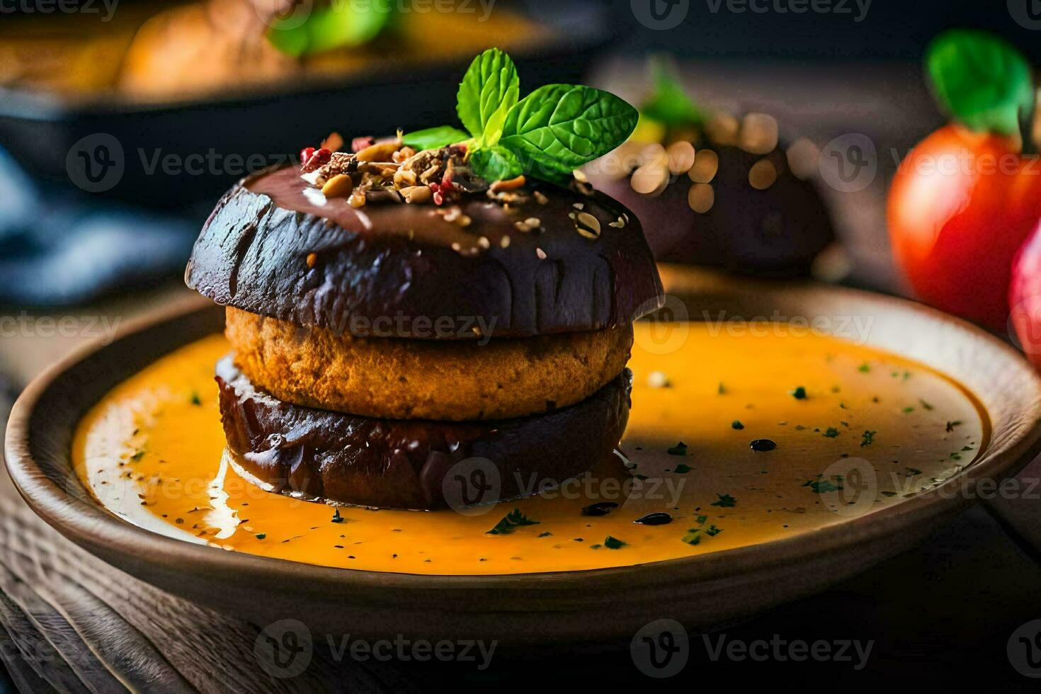 a plate of chocolate covered donuts with a sauce. AI-Generated photo