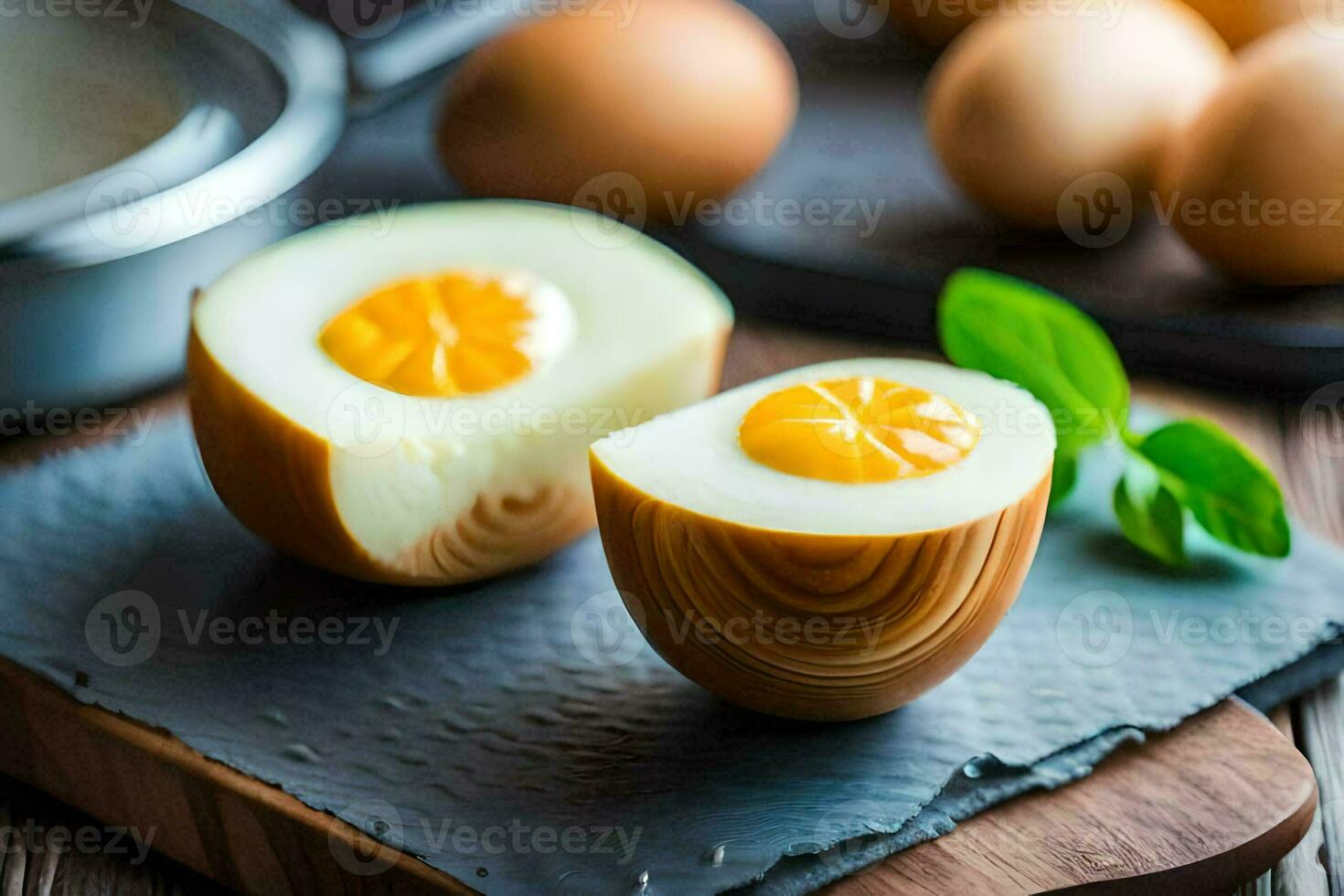an egg is cut in half on a cutting board. AI-Generated photo