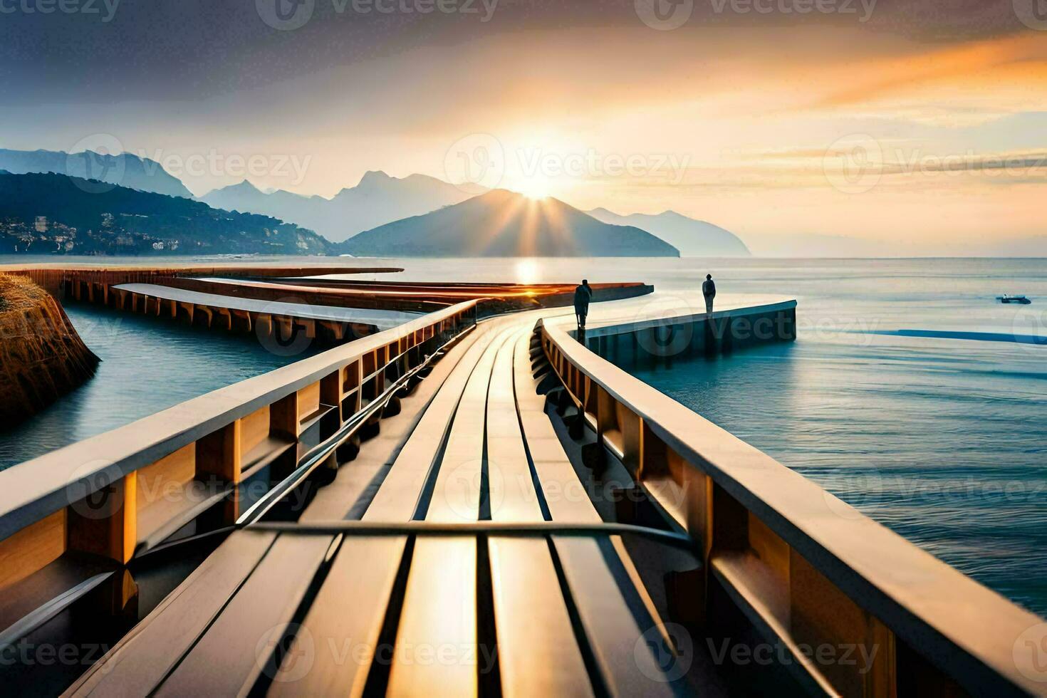 a long wooden pier with a man walking on it. AI-Generated photo
