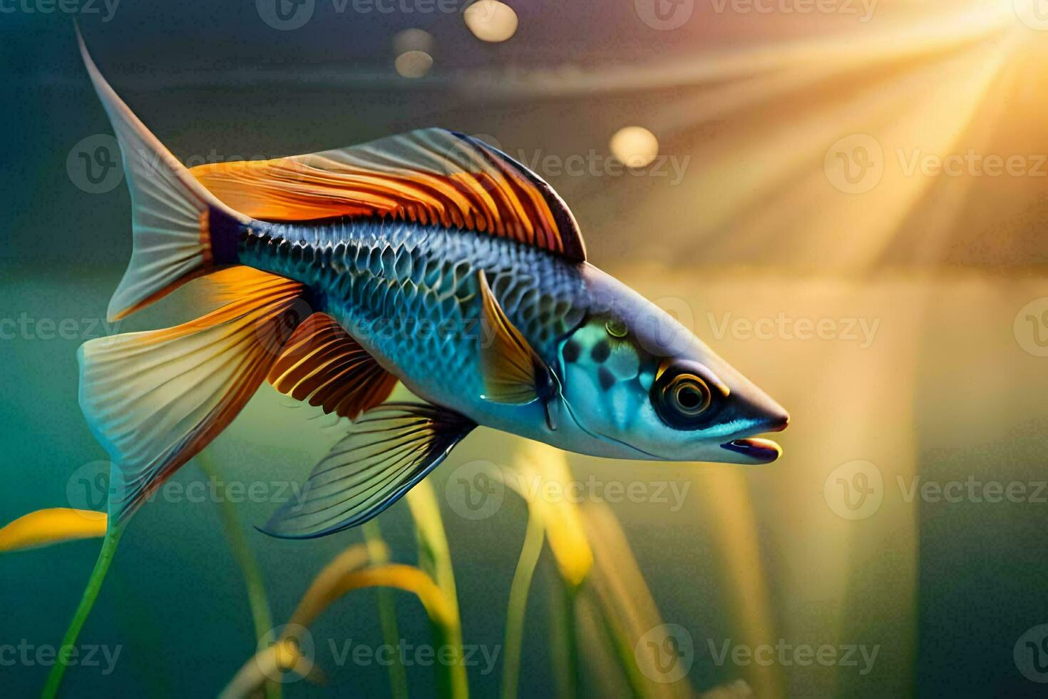 a fish swimming in the water with sunlight shining. AI-Generated photo