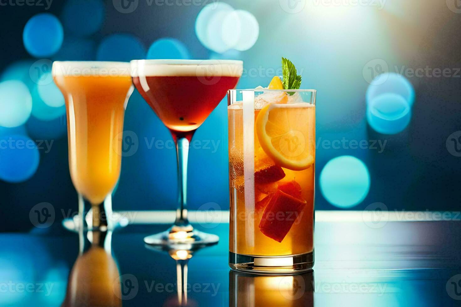 three different cocktails on a table with a bright background. AI-Generated photo