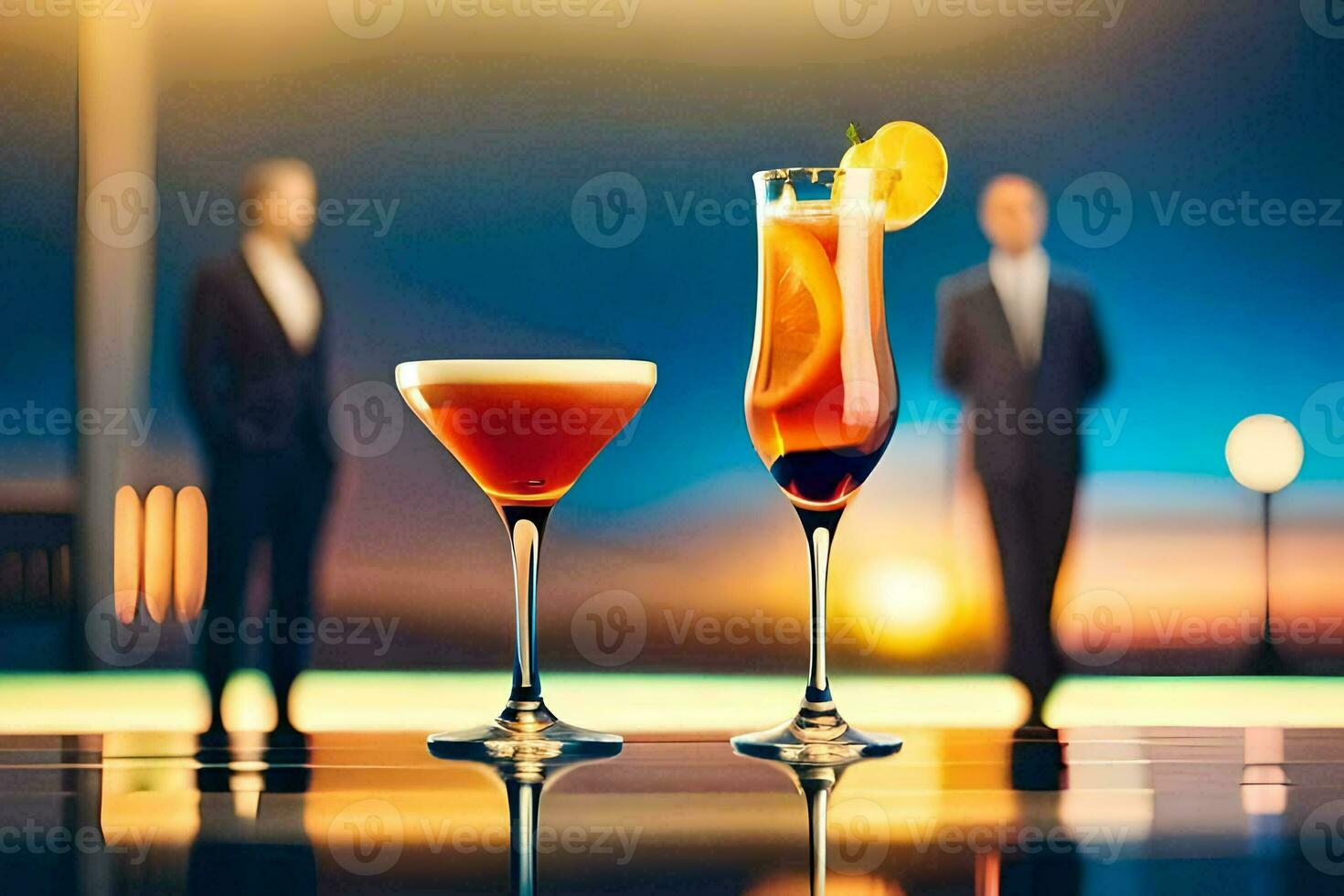 two cocktails on a table with a man in a suit in the background. AI-Generated photo