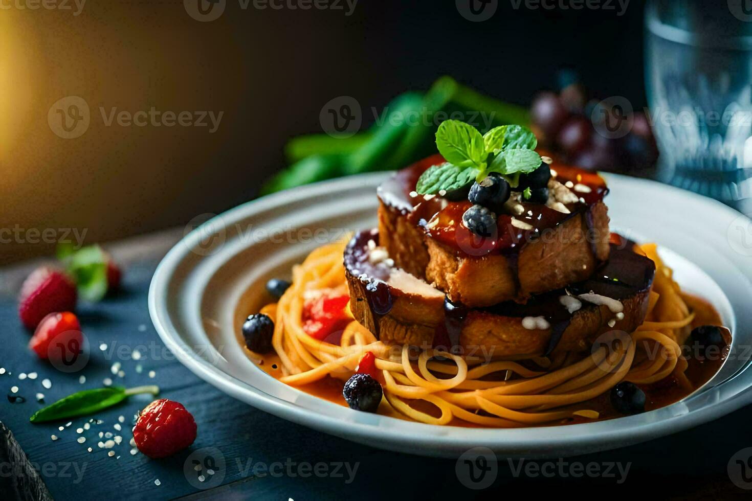 a plate of spaghetti with berries and tomatoes. AI-Generated photo