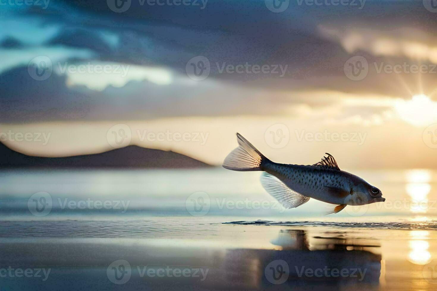 a fish is jumping out of the water at sunset. AI-Generated photo