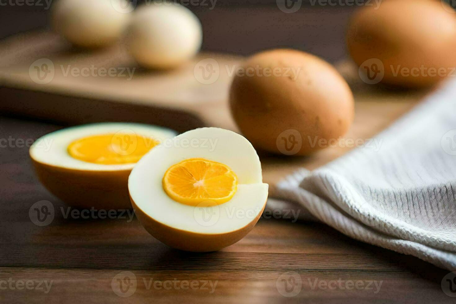 an egg is cut in half and placed on a cutting board. AI-Generated photo