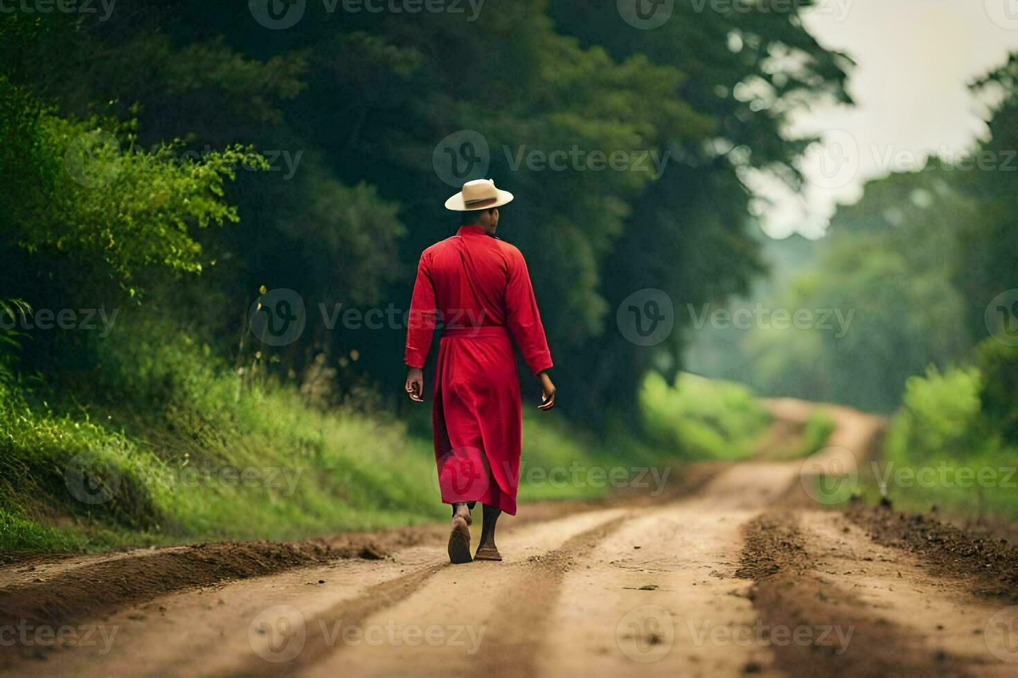 a man in a red robe walks down a dirt road. AI-Generated photo