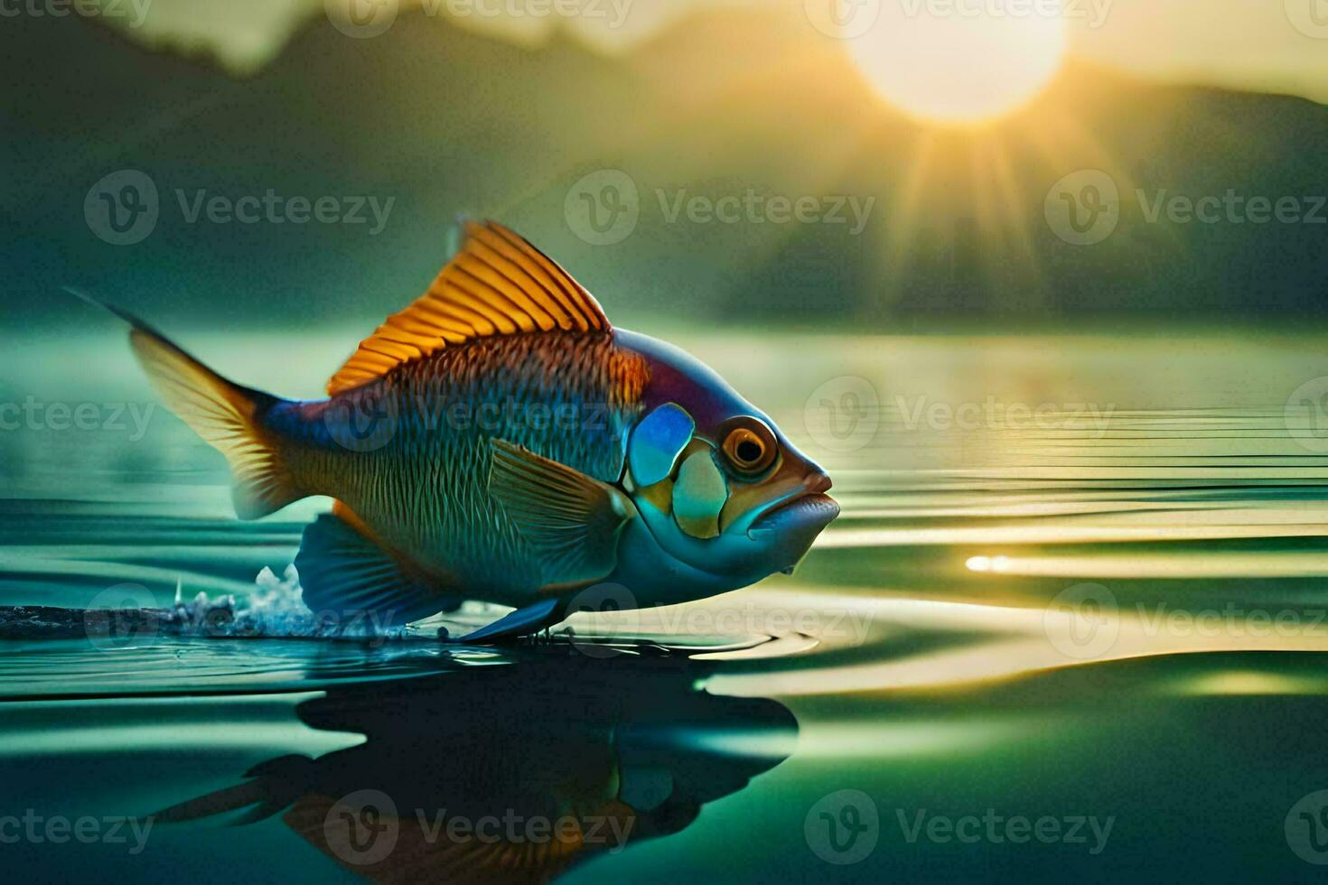 a fish is swimming in the water at sunset. AI-Generated photo