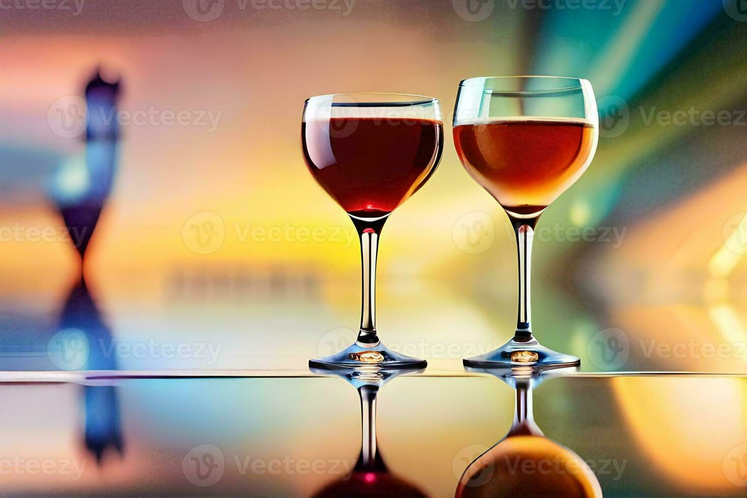two glasses of wine on a table with a colorful background. AI-Generated photo