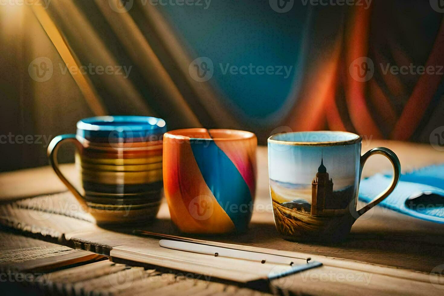 three colorful coffee mugs sitting on a table. AI-Generated photo