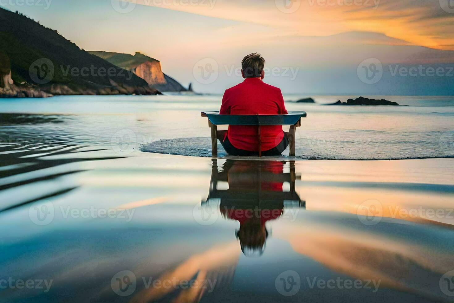 a man sitting on a bench at the beach. AI-Generated photo