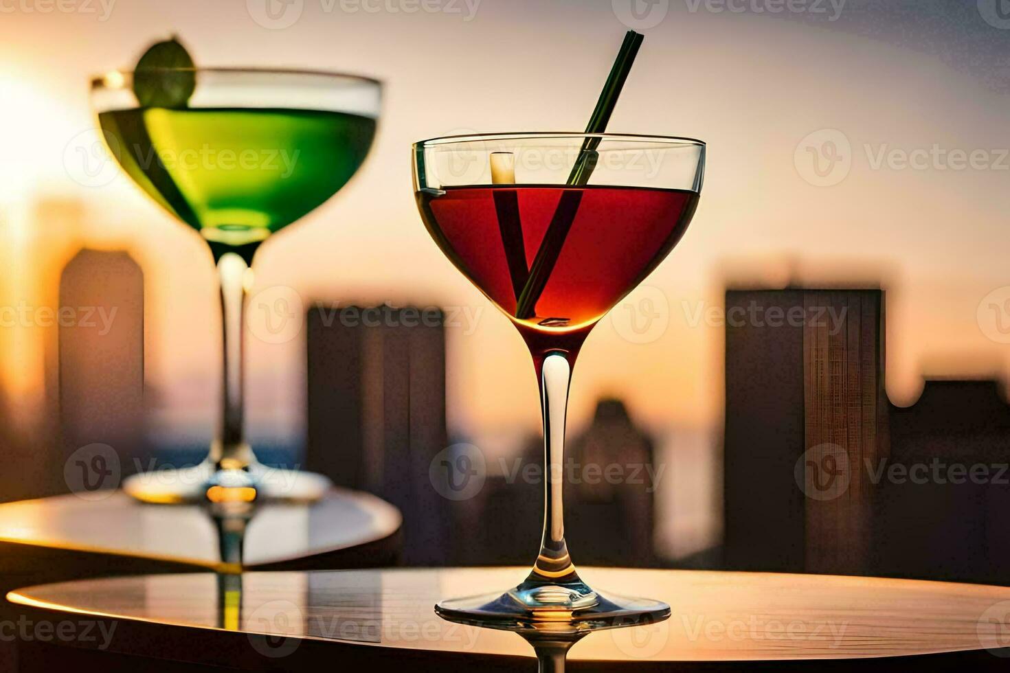 two cocktails sit on a table in front of a city skyline. AI-Generated photo