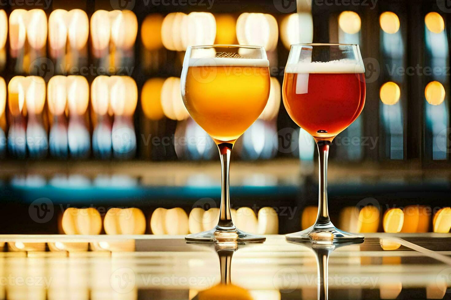 two glasses of beer on a table in front of a bar. AI-Generated photo