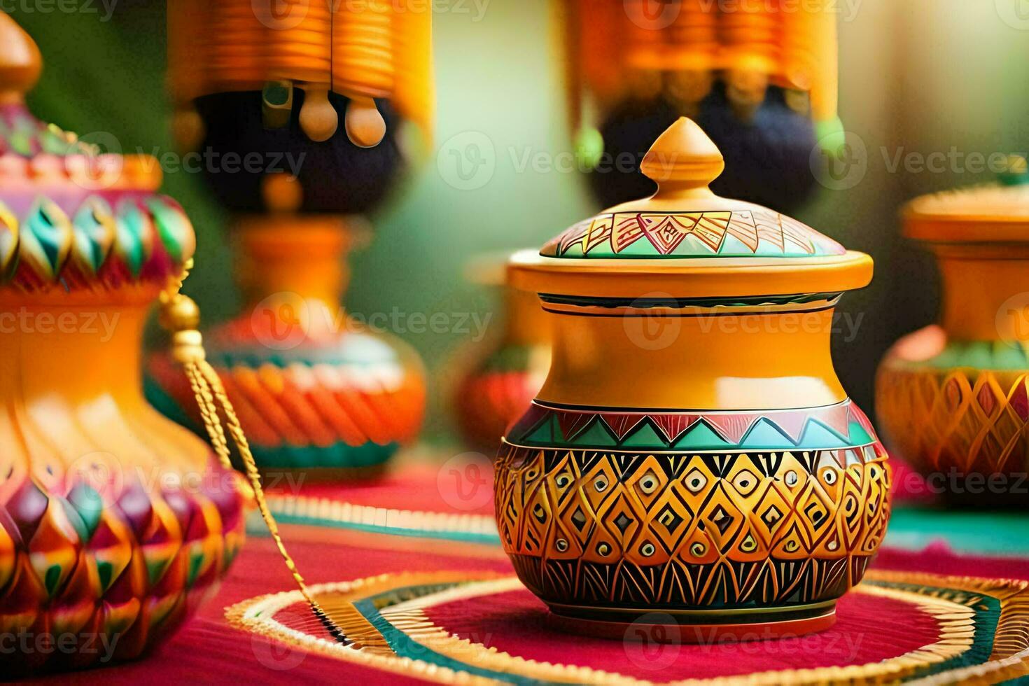 colorful vases on a table with colorful decorations. AI-Generated photo