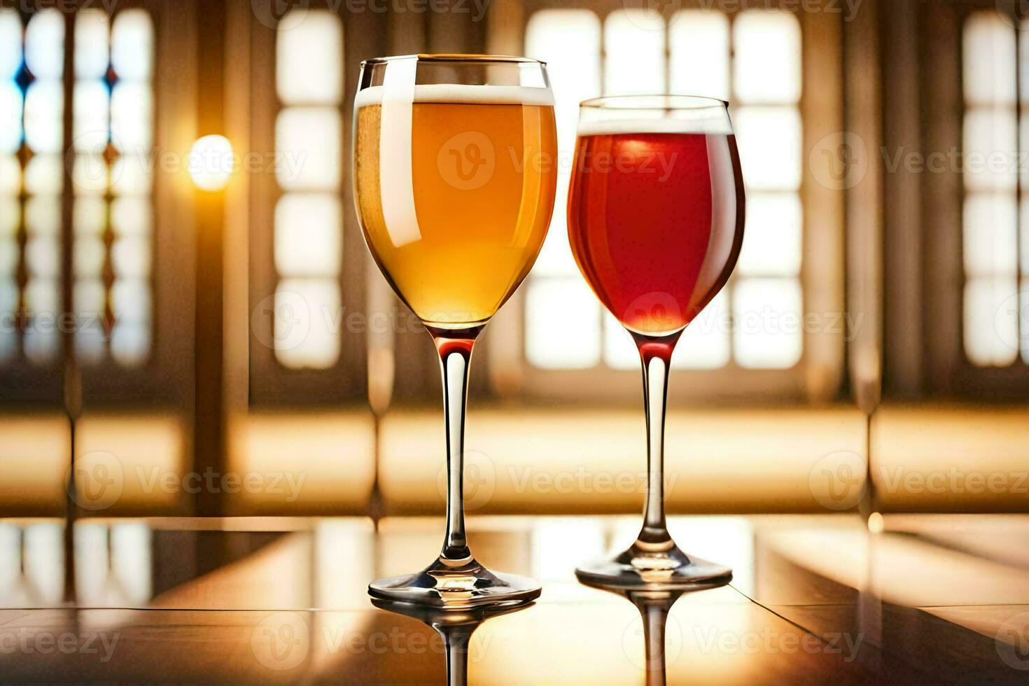 two glasses of wine on a table. AI-Generated photo