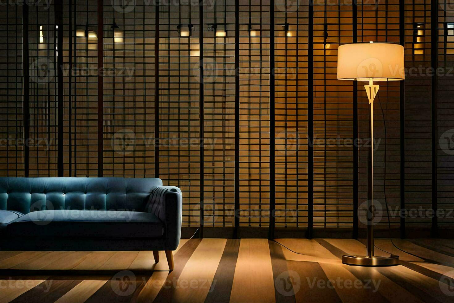 a blue couch and a lamp in a room. AI-Generated photo