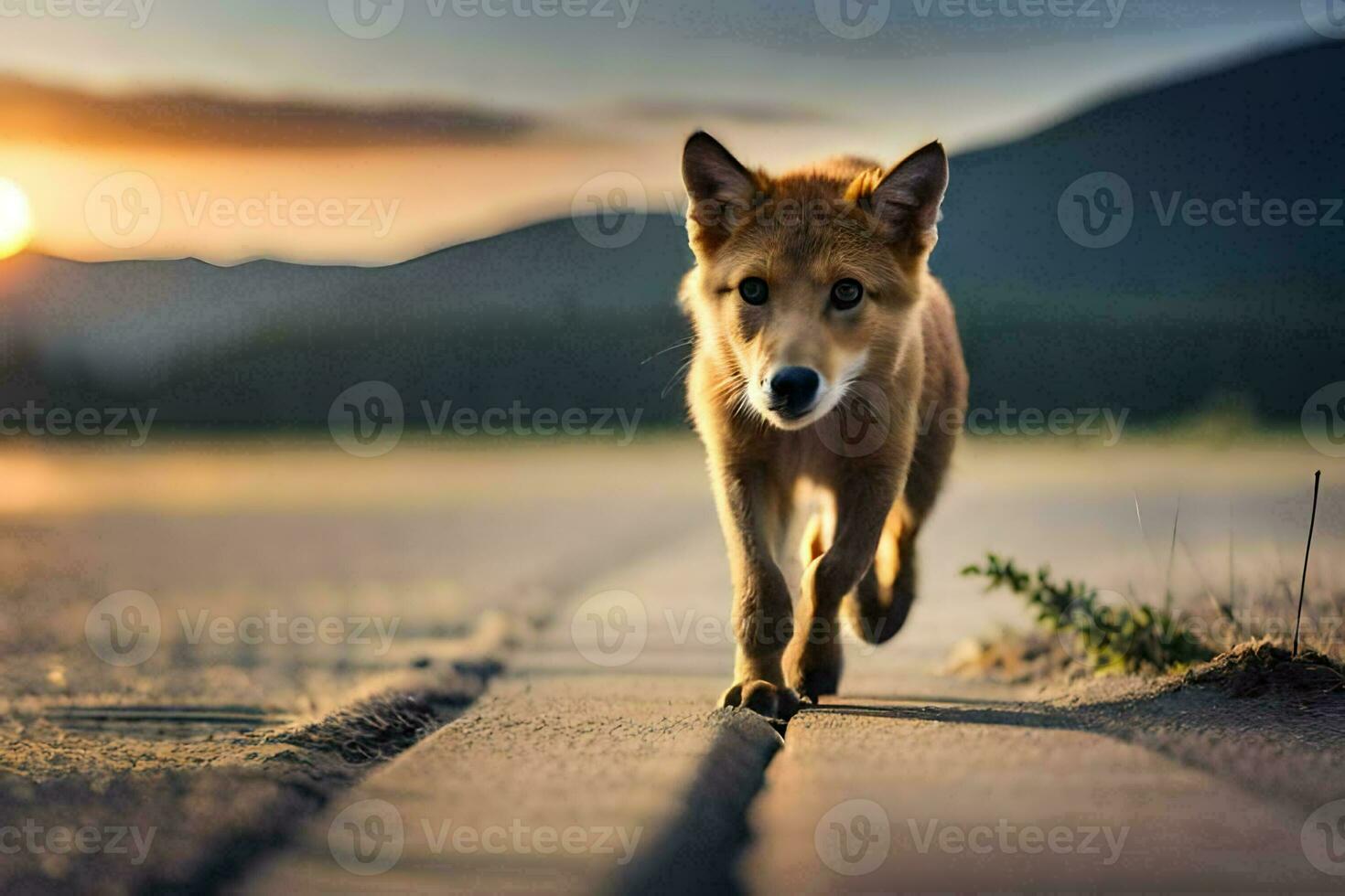 a dog walking on a road at sunset. AI-Generated photo