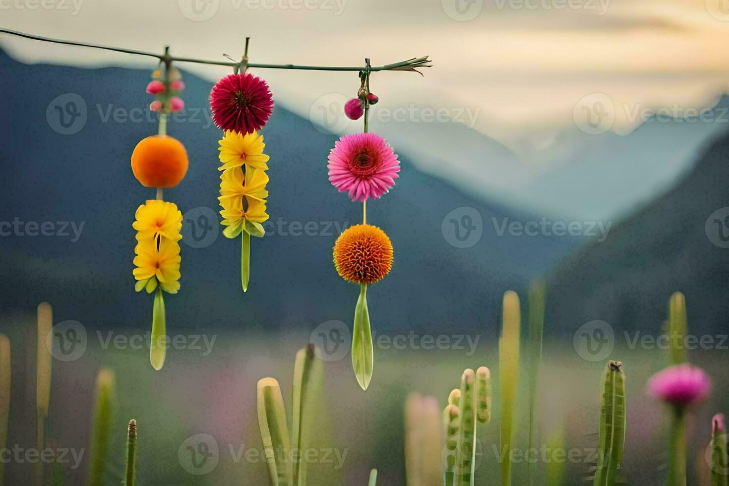 colorful flowers hanging from a wire in front of mountains. AI-Generated photo