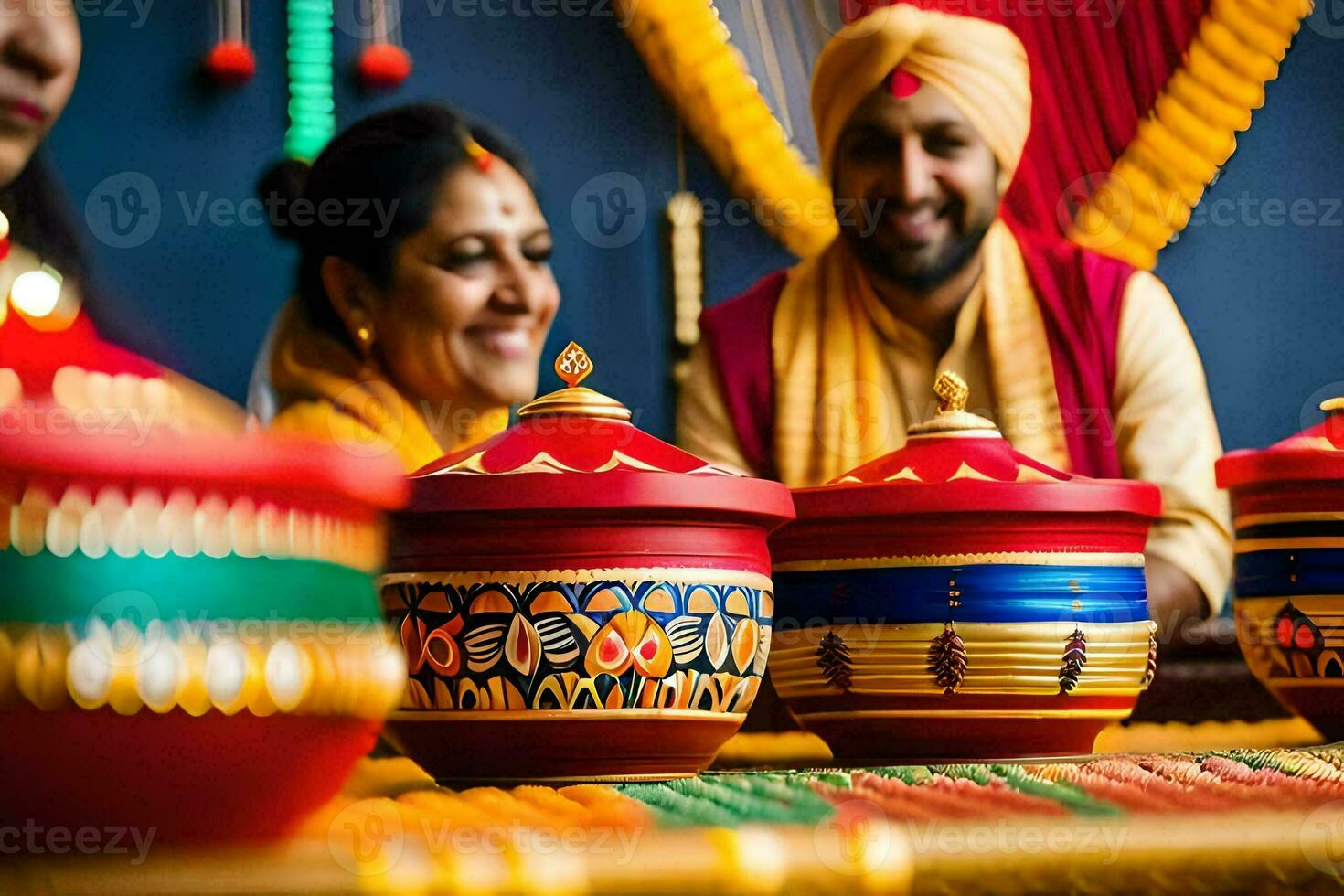 a couple in traditional indian attire are sitting at a table with colorful pots. AI-Generated photo