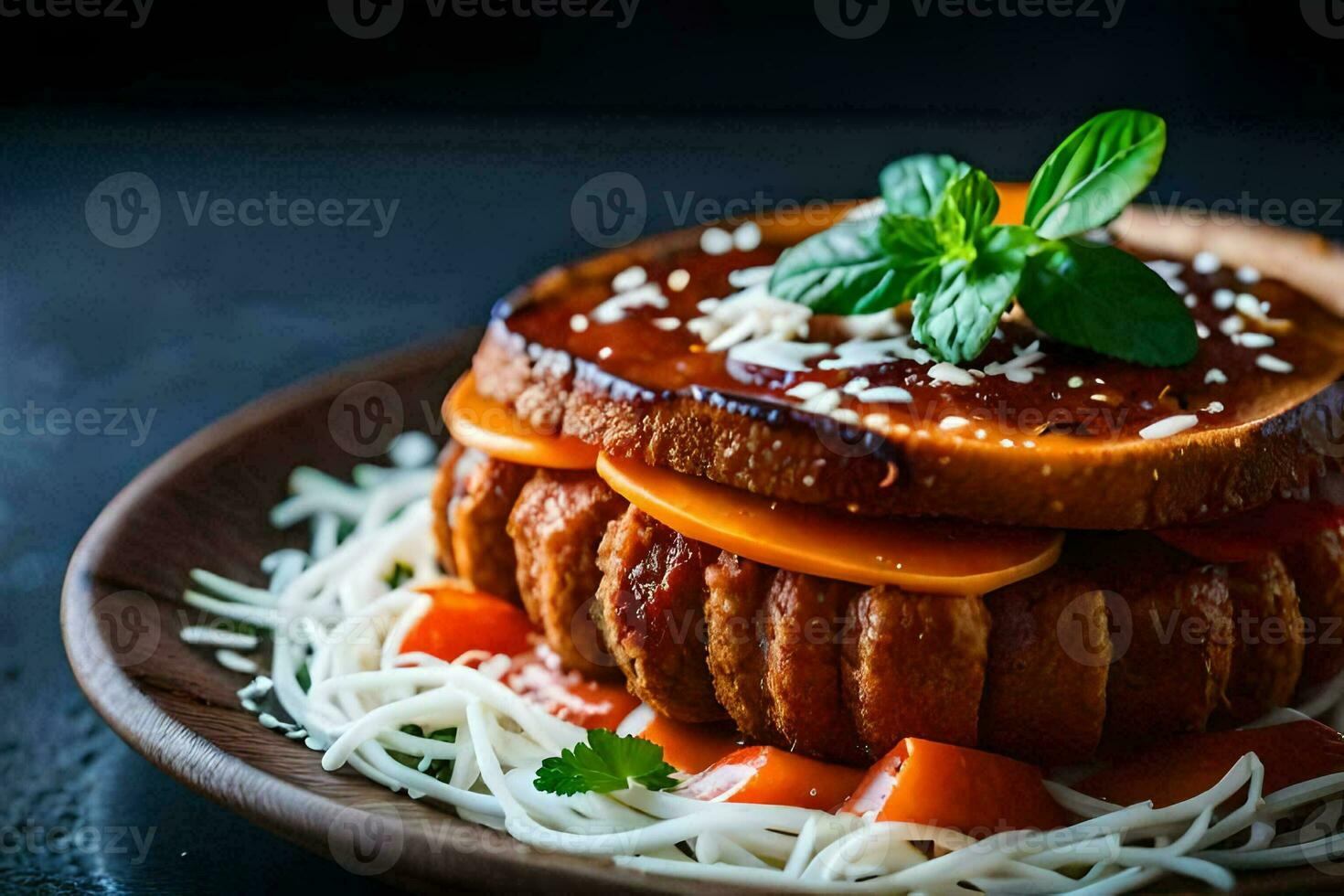 a plate with spaghetti and meat on top. AI-Generated photo