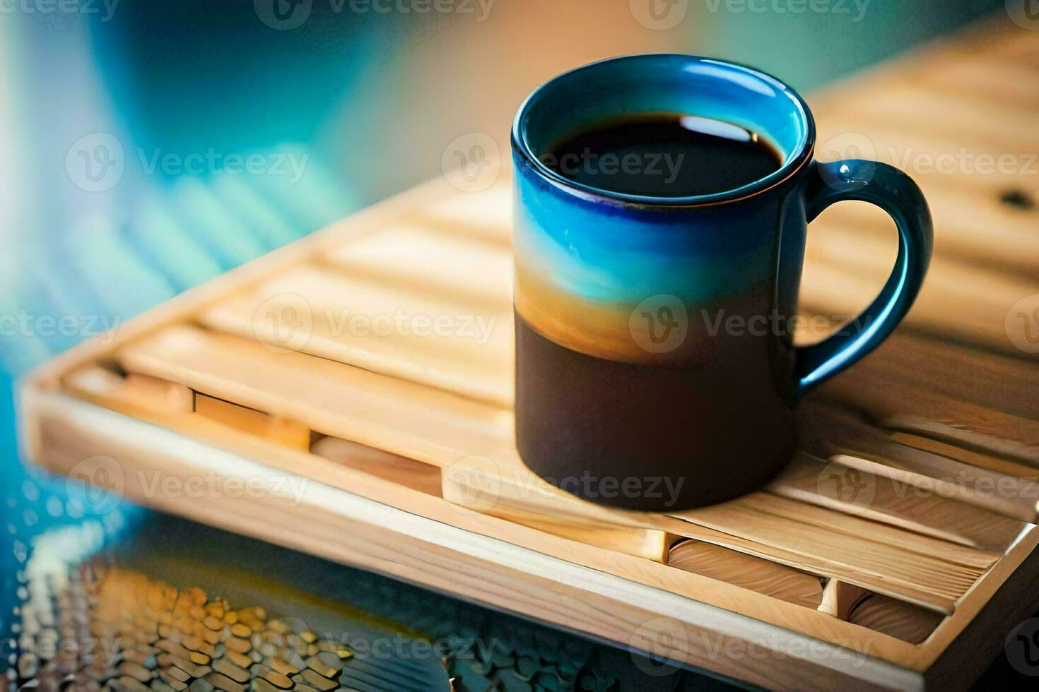 a coffee cup on a wooden tray. AI-Generated photo