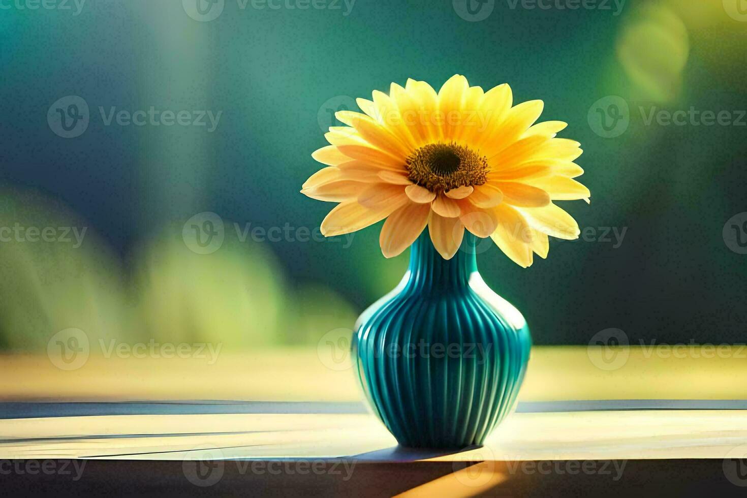 a yellow flower in a blue vase on a table. AI-Generated photo