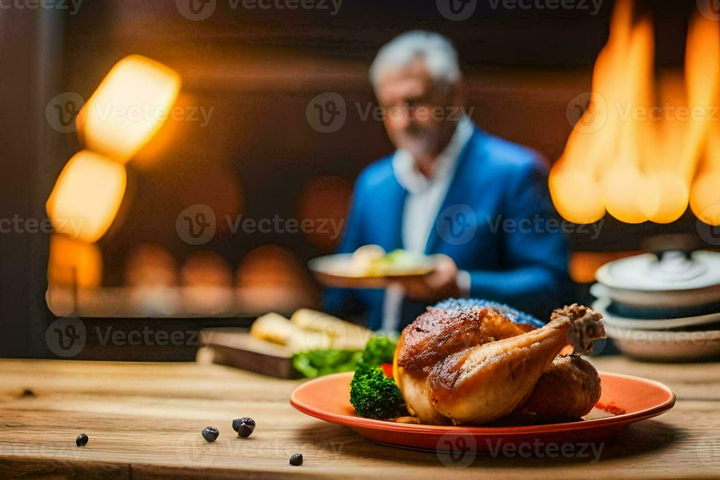 a man in a suit is holding a roast chicken. AI-Generated photo