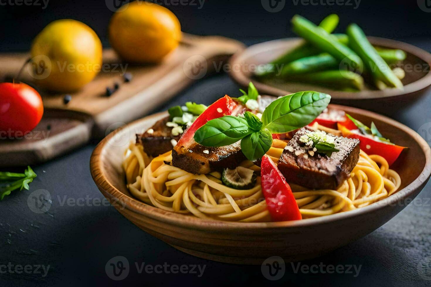 spaghetti with tofu and vegetables in a wooden bowl. AIGenerated