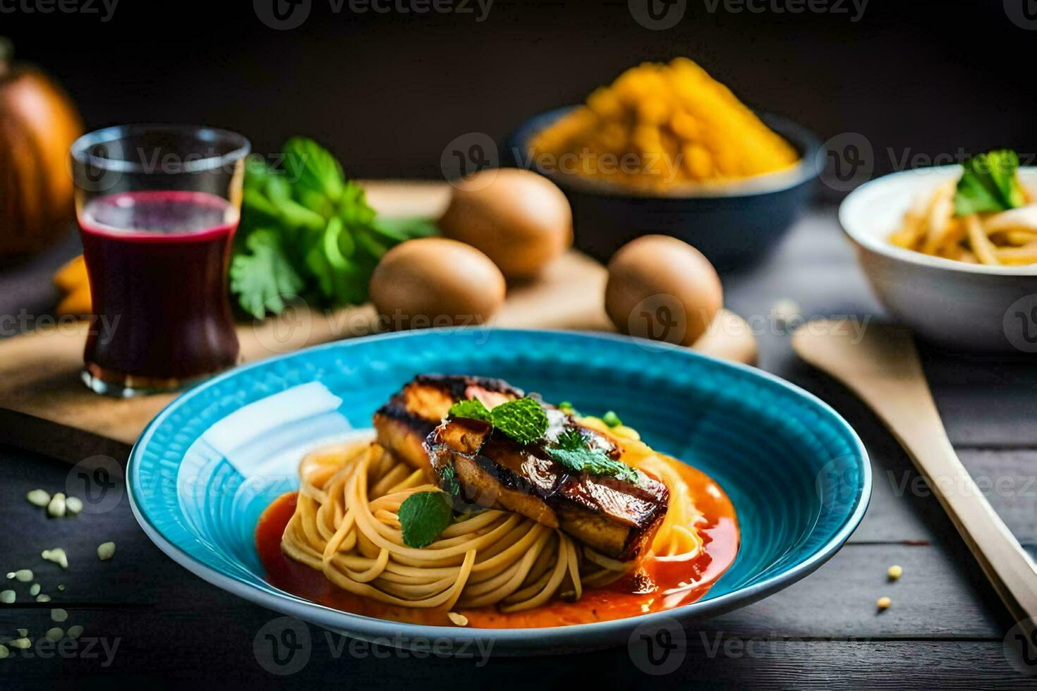 spaghetti with meat and sauce on a wooden table. AI-Generated photo