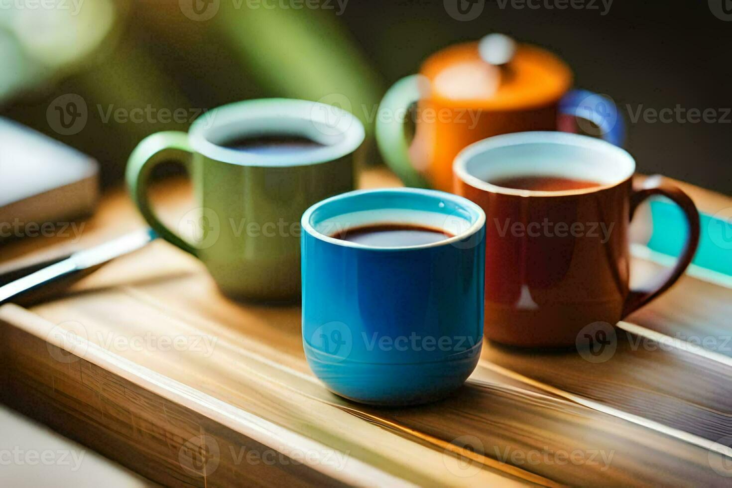 three colorful coffee mugs sit on a wooden table. AI-Generated photo