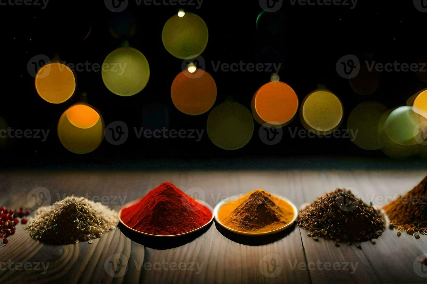 various spices and spices on a wooden table. AI-Generated photo