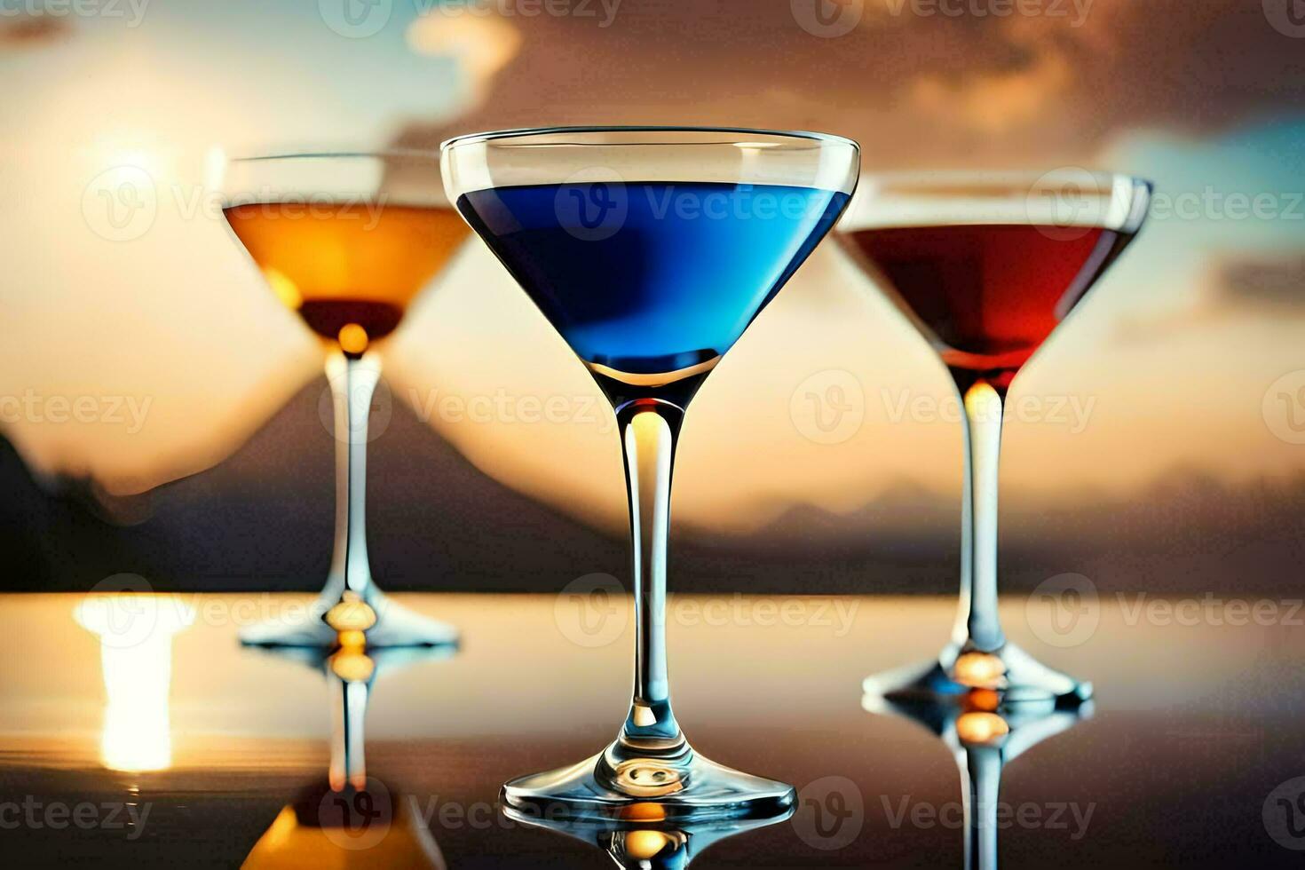 three different colored cocktails sit on a table. AI-Generated photo
