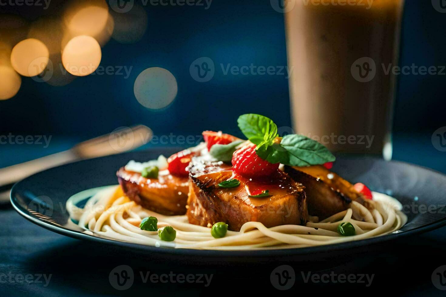 a plate of spaghetti with meat and berries on a dark table. AI-Generated photo