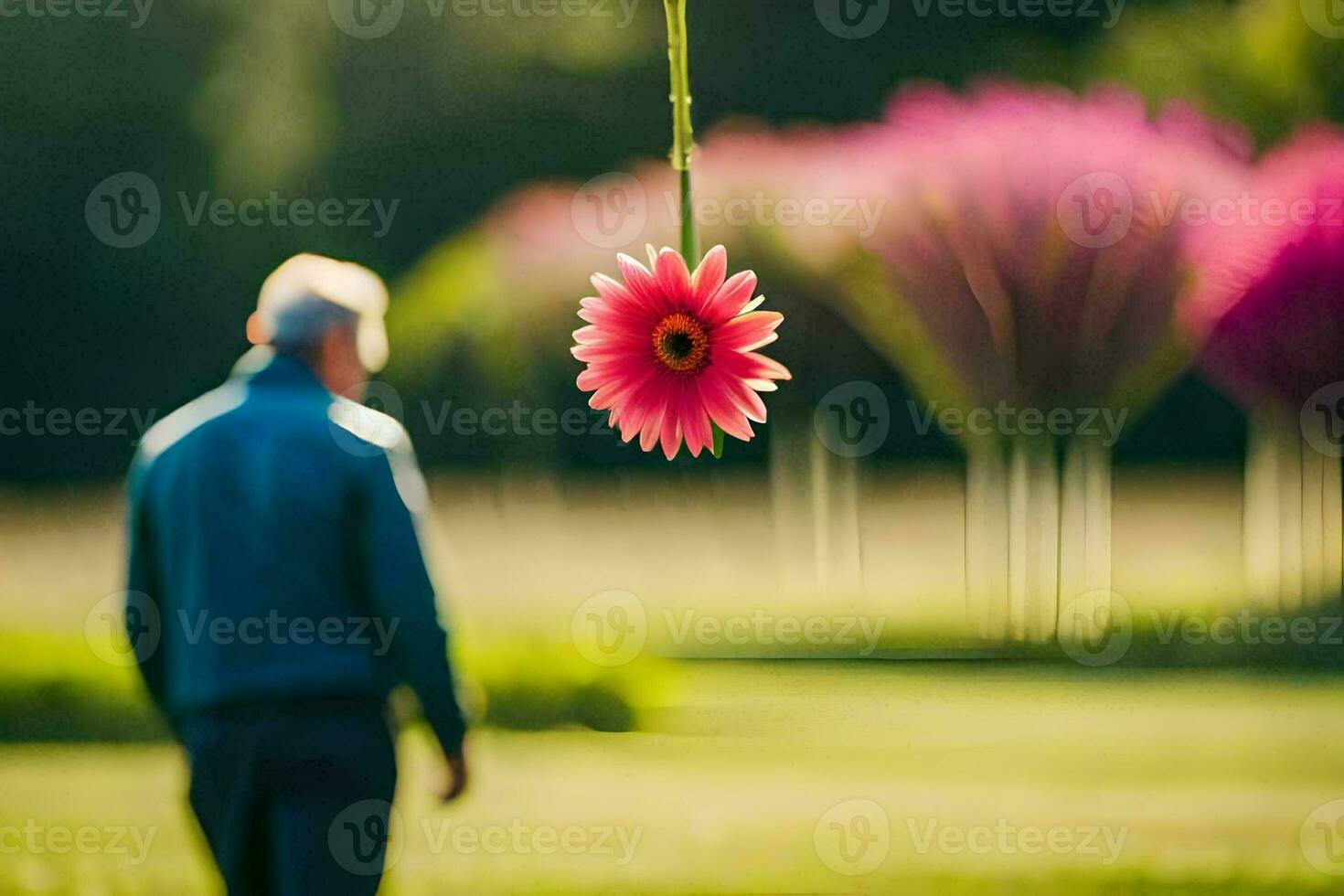 a man walking in a park with a pink flower hanging from a string. AI-Generated photo