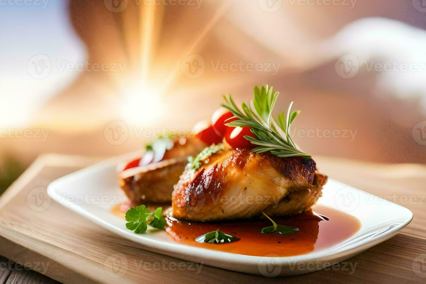 a plate of chicken with sauce and herbs on a table. AI-Generated photo